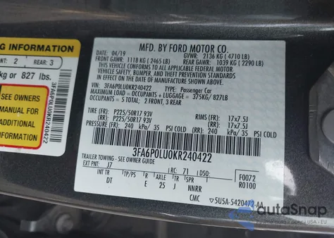 2019 Ford Fusion Hybrid Se из США, поврежденный, VIN 3FA6P0LU0KR240422